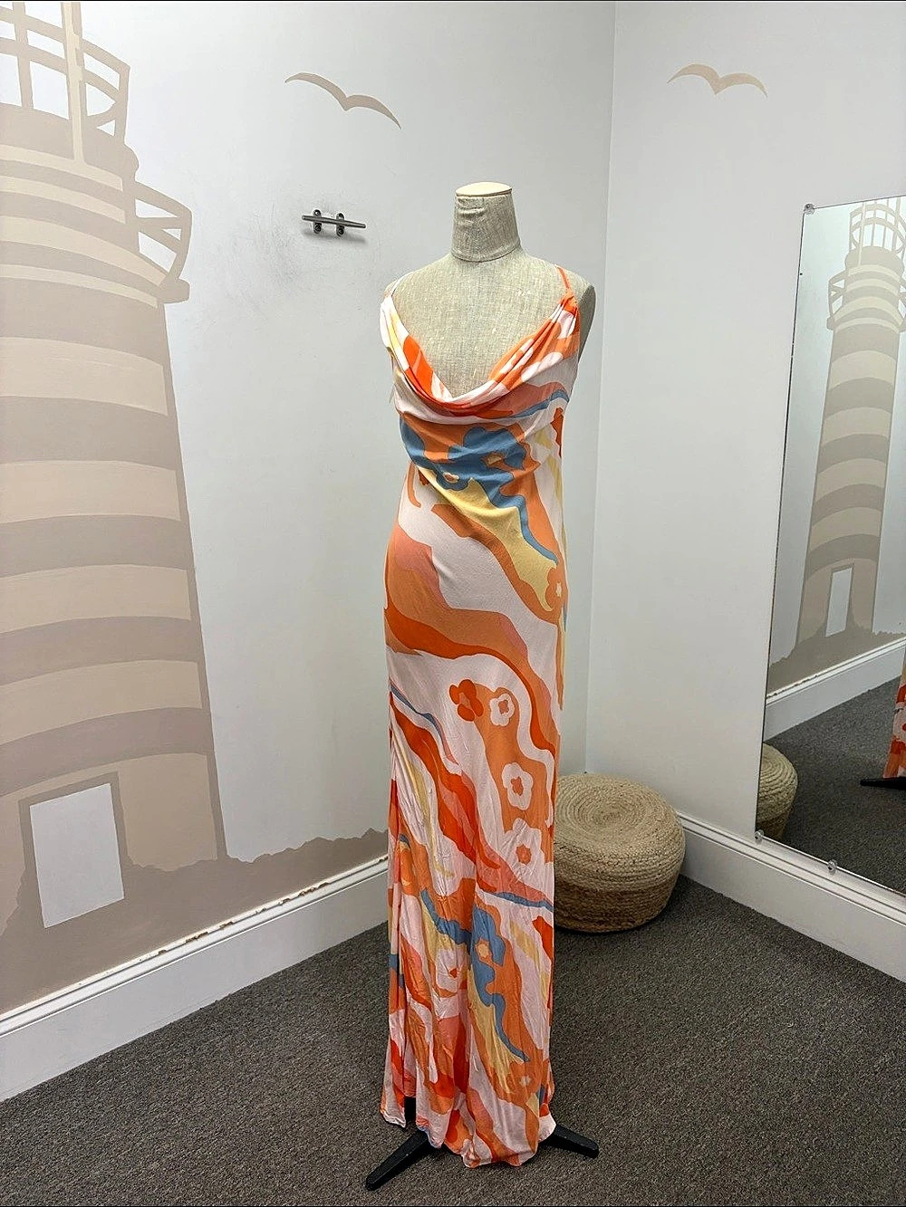 Slinky Cowl Neck Maxi Dress in Orange Abstract Print